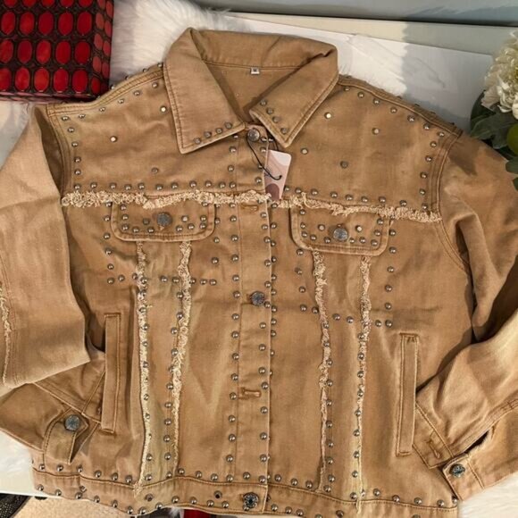 NEW APA Denim Studded Boyfriend Frayed Trucker Oversized Utility Jacket Khaki … - Picture 8 of 11
